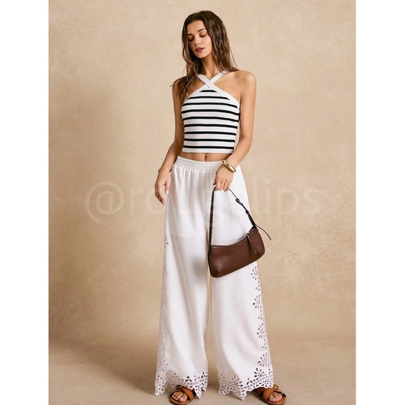 Striped Black White Halter Knit Crop Top - Picture 5 of 9